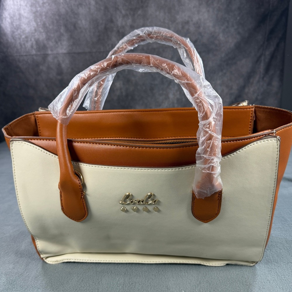 LouLu Two Tone Cream Cognac Brown Satchel Handbag Gold Hardware Charms